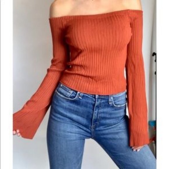 Womens Intermix Rust Ribbed Flare Sleeve Off-The-Shoulder Sweater P US/XS - Picture 1 of 10